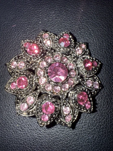 Vintage Style Pink Rhinestone Floral Brooch Antique Silver Tone Costume Jewelry