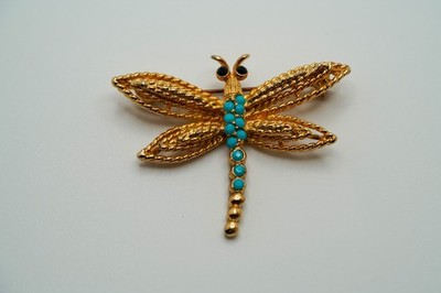 Vintage BSK Gold Tone Turquoise Rhinestone Dragonfly Brooch 5.4cm
