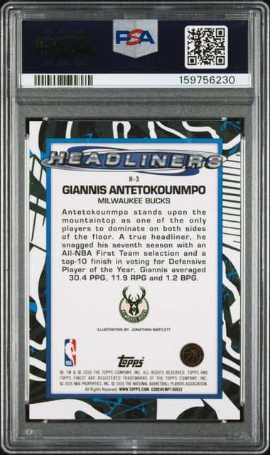 2025 TOPPS FINEST HEADLINERS #H-3 GIANNIS ANTETOKOUNMPO PSA 9 (SZS view 2