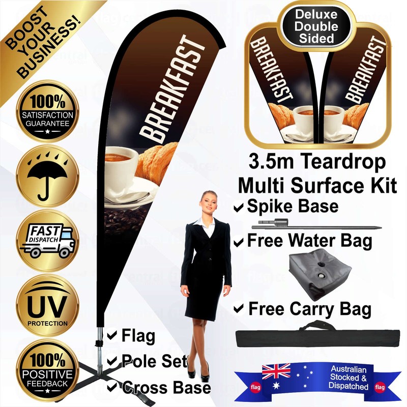 K - BREAKFAST Deluxe Double-Sided Brown 3.5m Teardrop Flag / Banner Kit with Pole Set, Galvanised Steel Ground Spike, Steel Outdoor Cross Base, Free 15kg Water Bag and a Free Carry Bag - 1