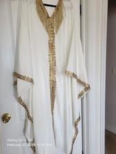 Women's White Gold Embroidered Kaftan Dress, One Size, Middle Eastern Style