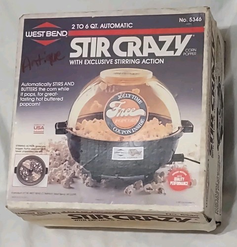 NOS West Bend Stir Crazy 2-6 Qt Popcorn Popper automatico 5346 vintage anni 80 GIALLO - Foto 1 di 9