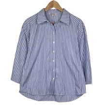 Nanette Lepore Women's Blue Stripe Heart Rhinestone Button Up Shirt Size L EUC