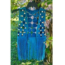 VTG 70s Suede Fringe Boho Western Hippie Leather Turquoise Blue Studded Vest