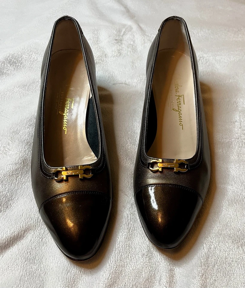 Salvatore Ferragamo 复古女式棕色和金色高跟鞋 9b 码 — 第 2/4 张图片