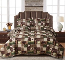 Reversible Lodge Plaid Bedding Moose Bear Quilt King Size Rustic Bedspread Cabin