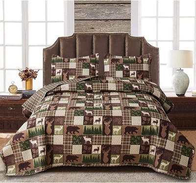 Reversible Lodge Plaid Bedding Moose Bear Quilt King Size Rustic Bedspread Cabin