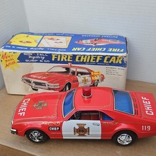 Taiyo Fire Chief Car Battery Operated Tin Toy 1970s Made in Japan