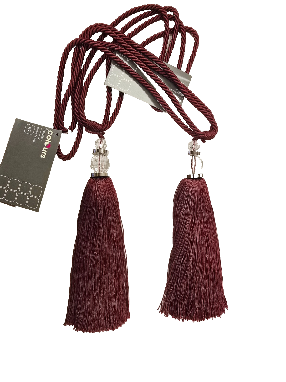 2 Red Curtain Tie Backs Tiebacks Silver Chrome Crystal Ball Ropes 18cm Tassel