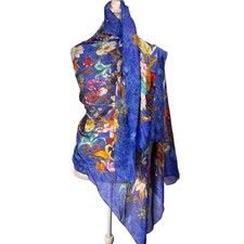 Italian Silk Scarf Botanical Bouquet Blue Floral Motif Italy Large 68" x 35"