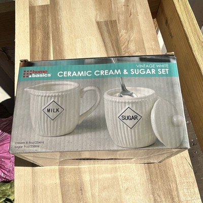 Home Basics Ceramic Creamer & Sugar Set White Vintage Glossy Dishwasher Safe