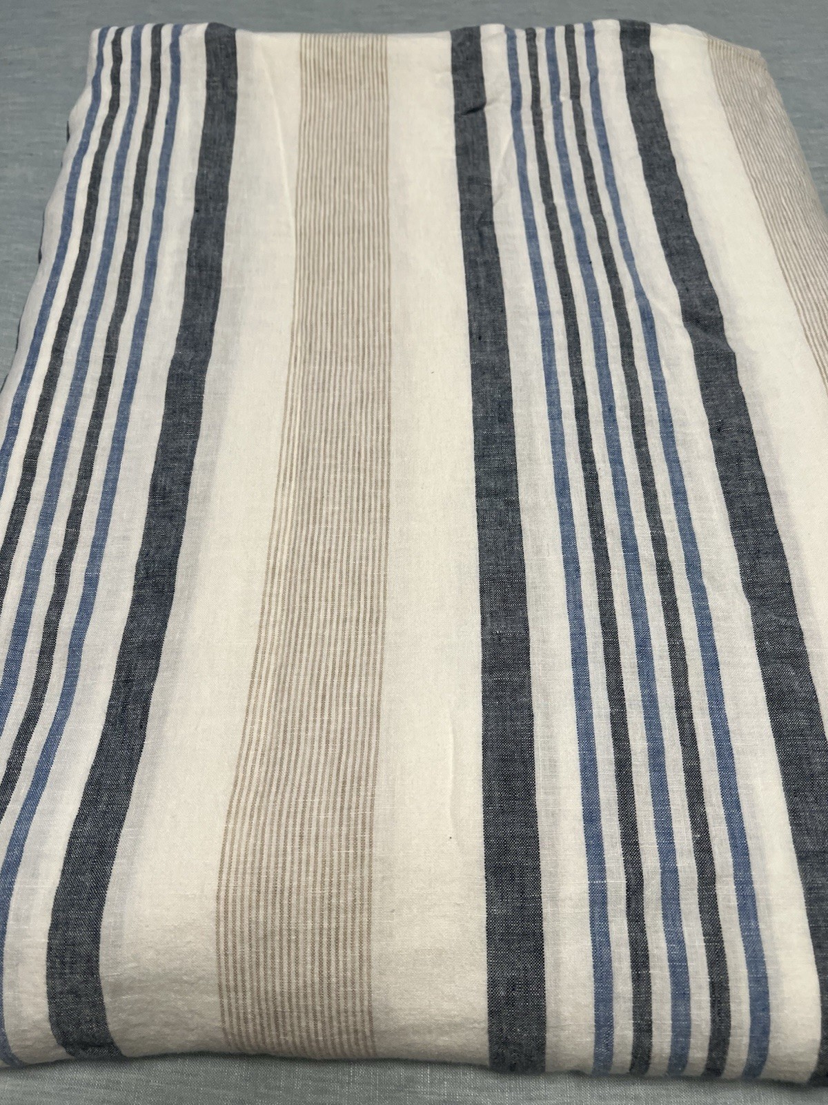 LL BEAN 100% Linen Blue White Tan Stripe Queen Duvet Cover Made In Portugal