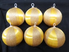 6 Gold Satin Striped Spun Silk Sheen Christmas Balls Ornaments Styro 2.5" D5092