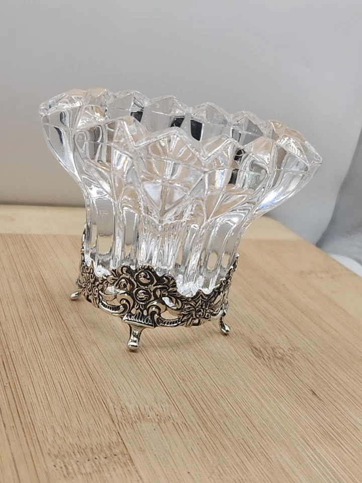 Antique 835 Silver & Lead Crystal Candle Holder, Flower Rose Design Legged  - Image 4 of 4