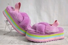 UGG Disco Knot Slide Pink Rainbow Shearling Slide Slippers Women's Size 7