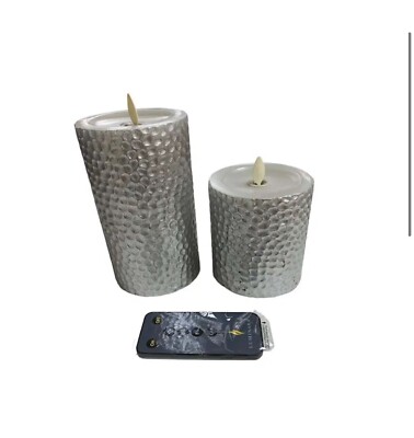 Sold Out! Luminara CRYSTAL SILVER Set of 2 (4  & 6 ) Hammered Metallic Pillars