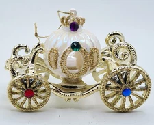 Princess Pumpkin Carriage Ornament White Gold Jeweled Acrylic 5" Kurt Adler