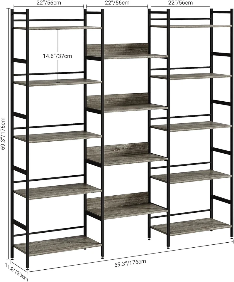 5 Tier Industrial Large Bookshelf Bookcase Standing Triple Wide Display Shelves - Image 2 of 4