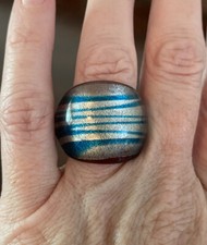 Handmade Art Glass Chunky Ring Blue And Silver Stripes, Size 7