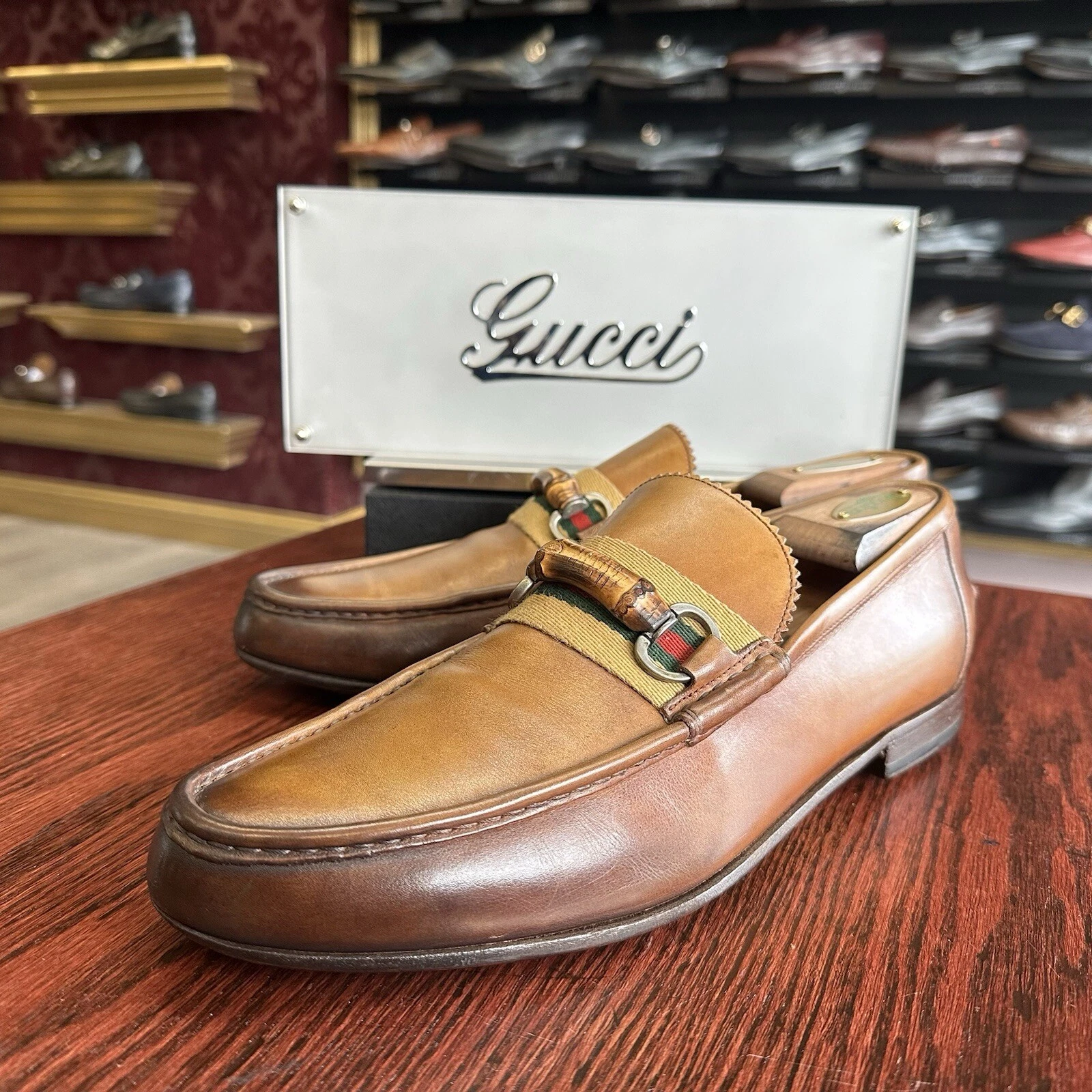 Mocassins homme Gucci en cuir marron et bambou taille 10,5 US / 9,5 G fabriqués en ITALIE 1