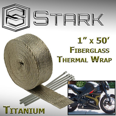 50-Foot Motorcycle Exhaust Heat Wrap - Fiberglass Header Wrap, Titanium Look