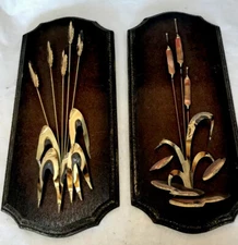 2 Copper Metal Vintage Cat Tails And Wheat Grass Sculpted Wall Hangings