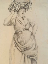 Very Beautiful Hand Drawing Lead Pencil Woman Flemish Dutch School 19th