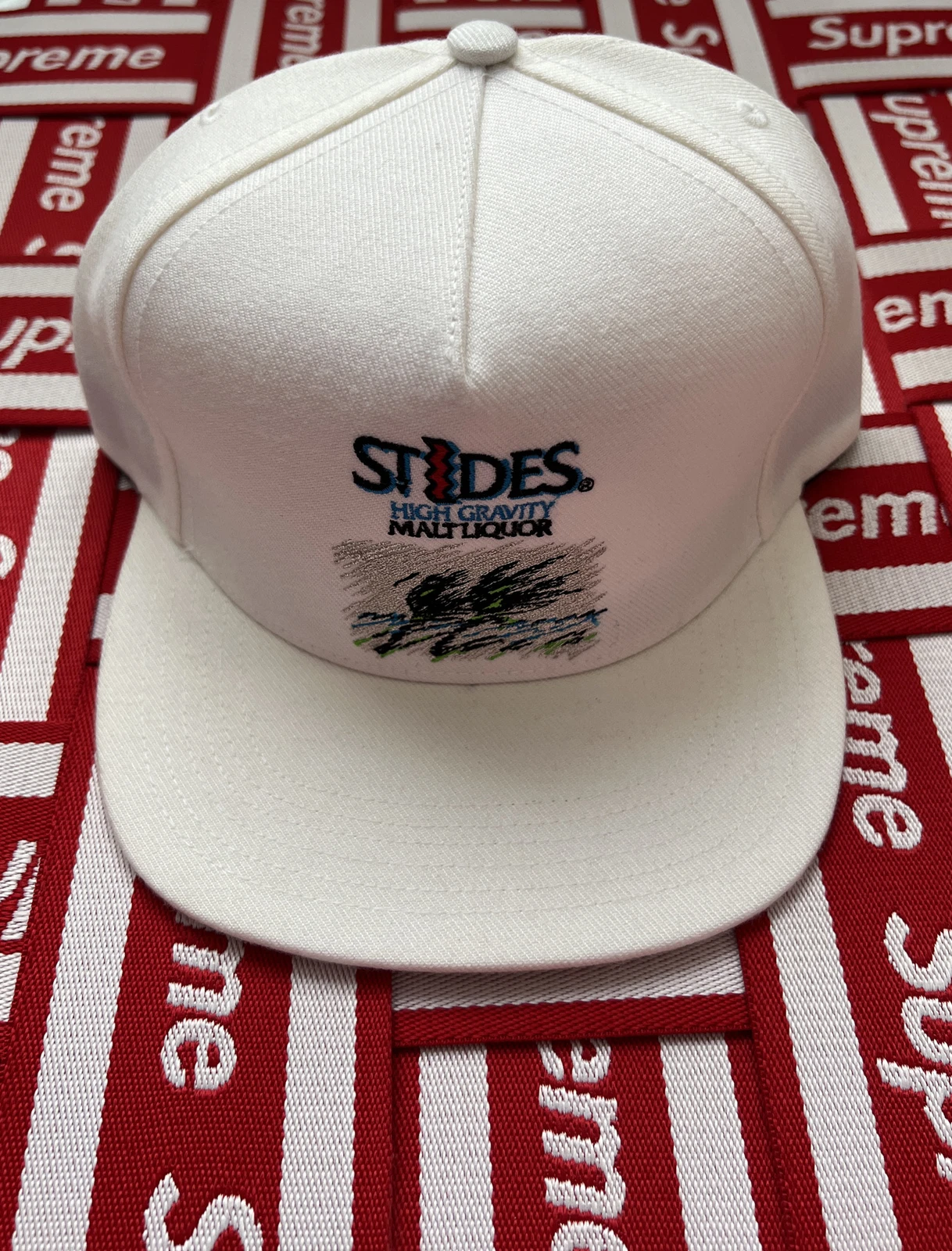 Casquette 5 panneaux Supreme St Ides !!!!!Stock mort super rare!!!!blanc!!SS16BNWT!!!!!
