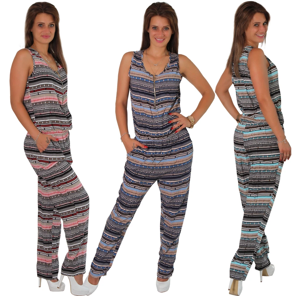 Overall Jumpsuit Aztec Reißverschluss Einteiler Stretch Hosen Anzug Streifen - Bild 1 von 1