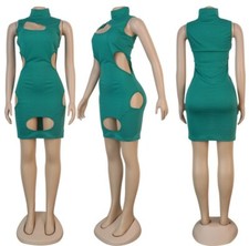 Women Hollow Out Turtleneck Sleeveless Bodycon Waist Band Cut Out Knee Dress #S3