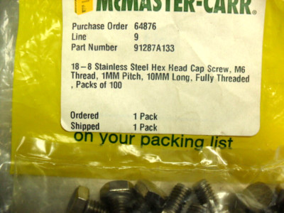 QTY 100 - Stainless Steel Hexagon Head Cap Screw 18-8, M6 Thread 91287A133  new