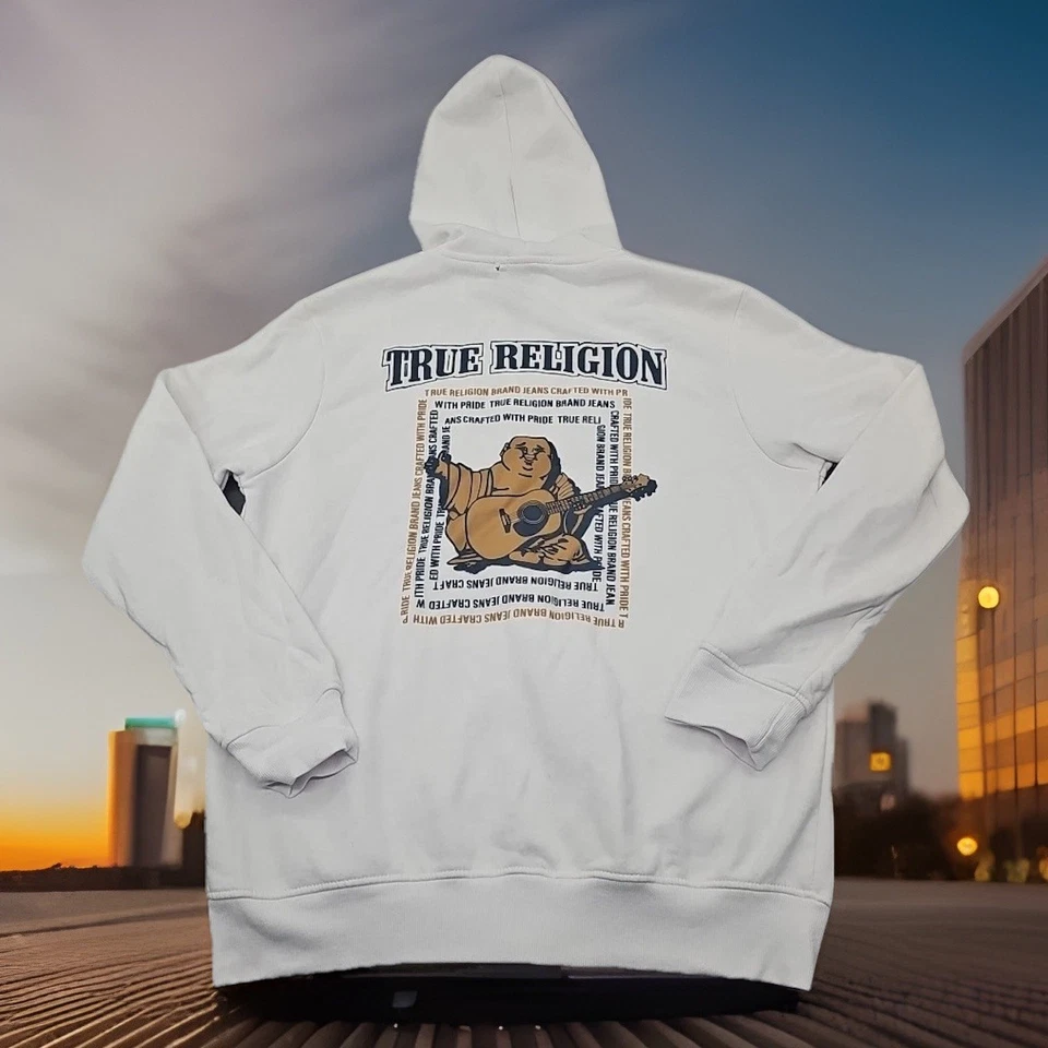 Sudadera con Capucha True Religion Para Hombre Grande Blanca Cremallera Completa Logo de Buda Ropa de Calle Foto 4 de 4