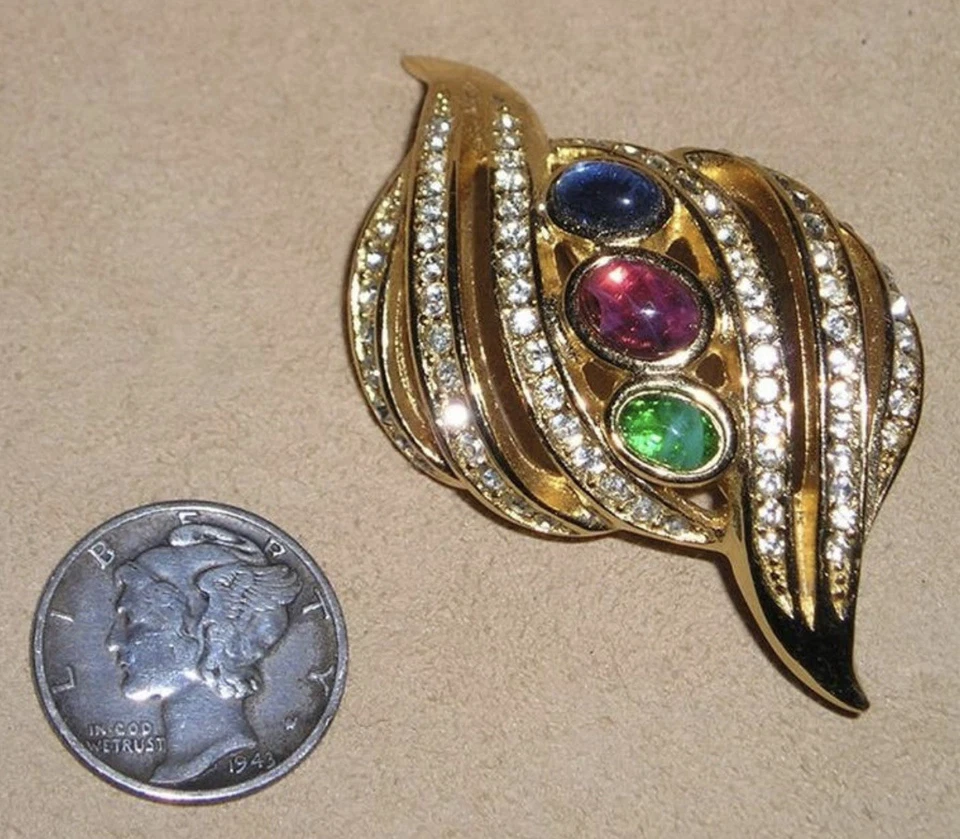 Christian Dior Gripoix изумруд рубин сапфир кристаллы ажурный лист брошь золото - Изображение 2 из 4