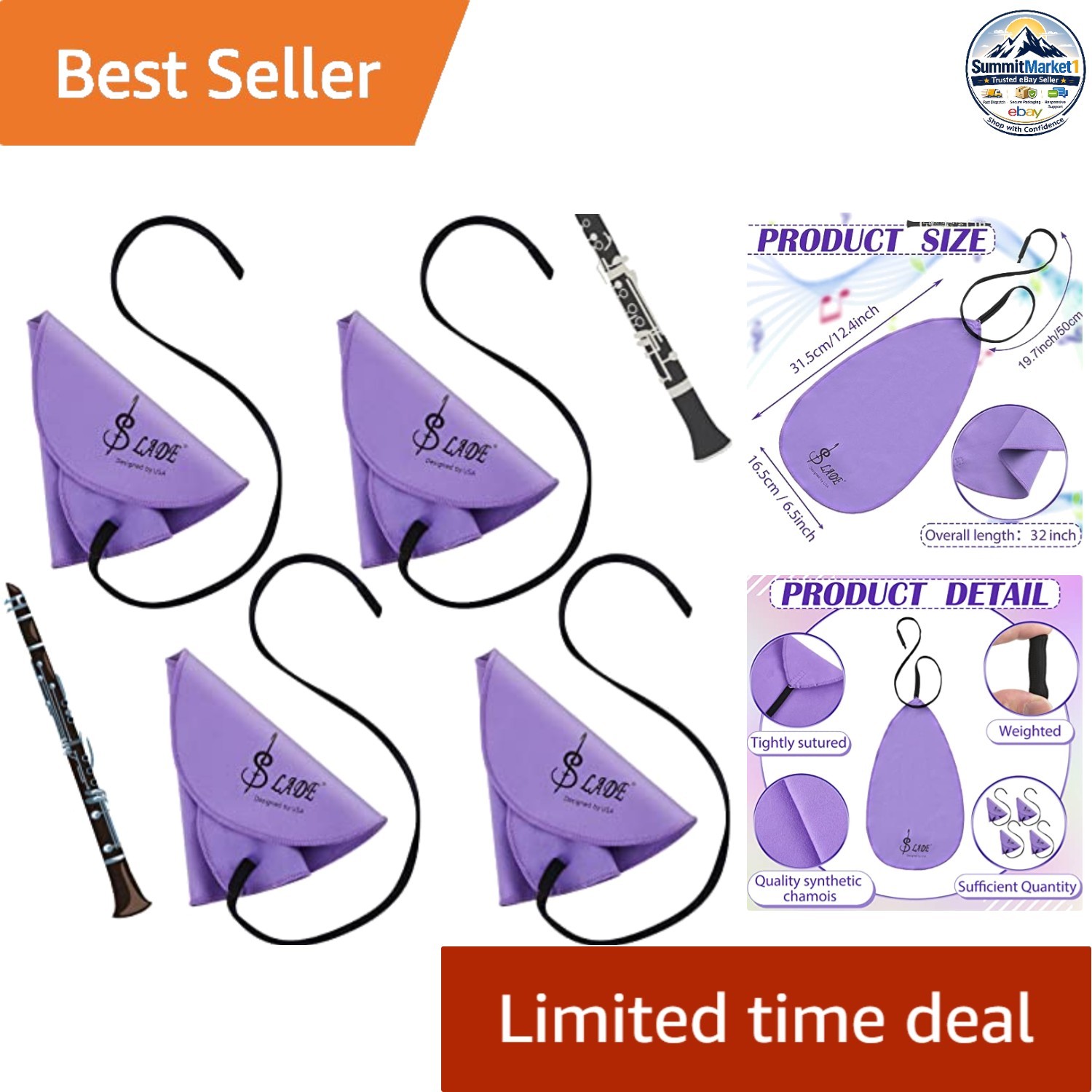 Clarinet Swab Cloth 4 Pack Purple Cleaning Cleaner for Woodwind Instruments