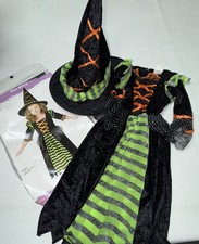 Witch Halloween Costume Dress Hat Toddler Girls Size 3T 4T Black Green Orange