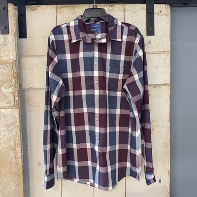 APT.9 Premier Flex Men's Burgundy Blue Plaid Cotton Blend Button-Up Shirt XLT