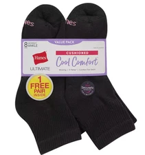 Hanes Ultimate 8+1 Bonus Pack Women's Black Cool Comfort Cushioned Ankle Socks