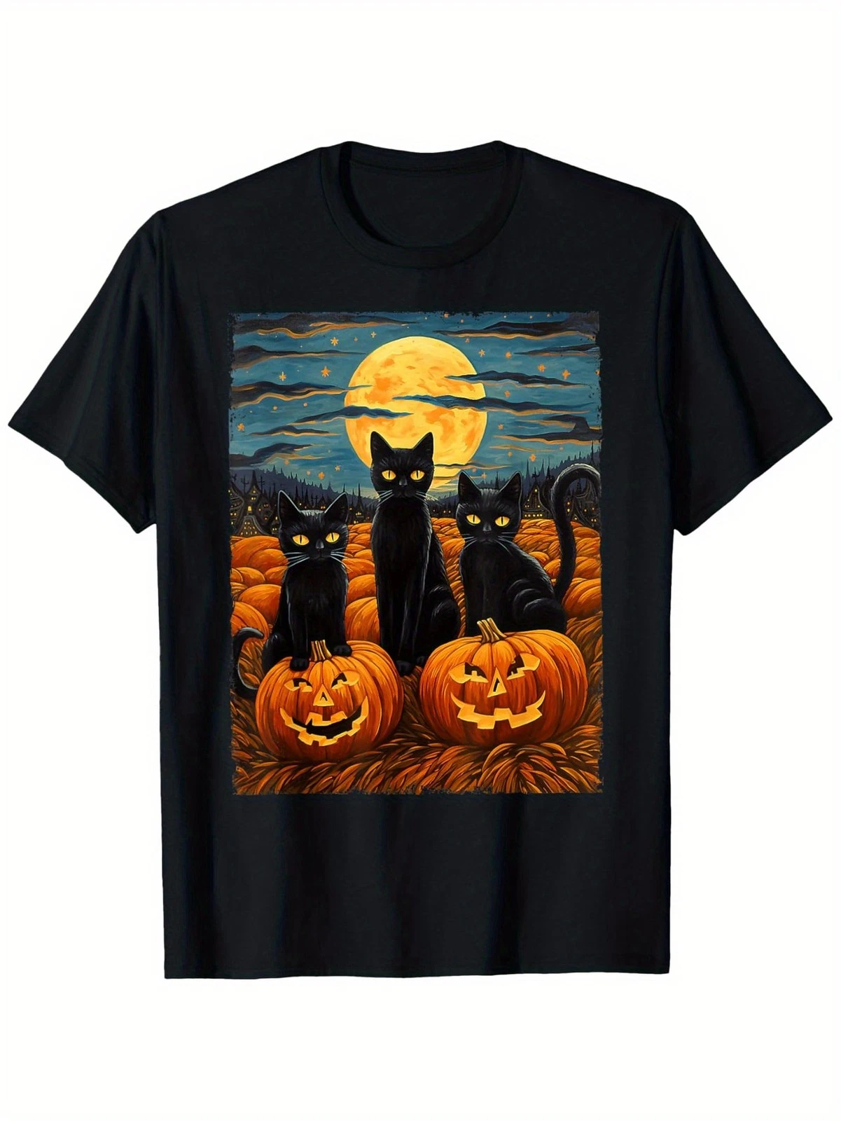 Men's & Women's Halloween Black Cat & Jack-O'-Lantern T-Shirt - 100% Cotton Soft