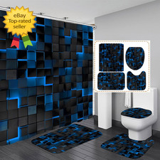 4 Pcs Blue Shower Curtain Set 3D Cube Bathroom Rugs Hooks Modern Decor Set