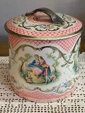 VTG 1920s English Nouveau Rococco Tea Tin Pink Gold Courting Couples Rococo