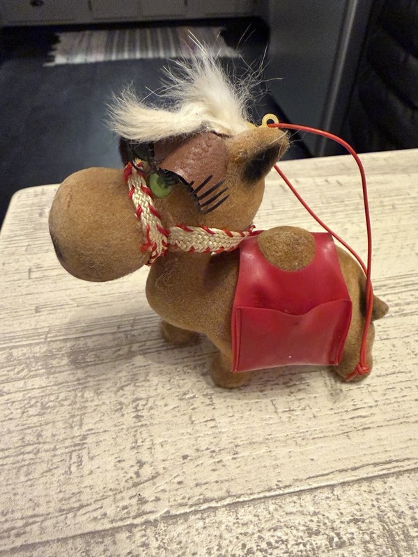 Vintage Anthropomorphic Flocked Camel Ornament - With Eyelashes & Red Saddle Bag