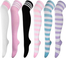 6 Pairs Women  s High Thigh Over Knee Striped Socks Thin Long Stockings
