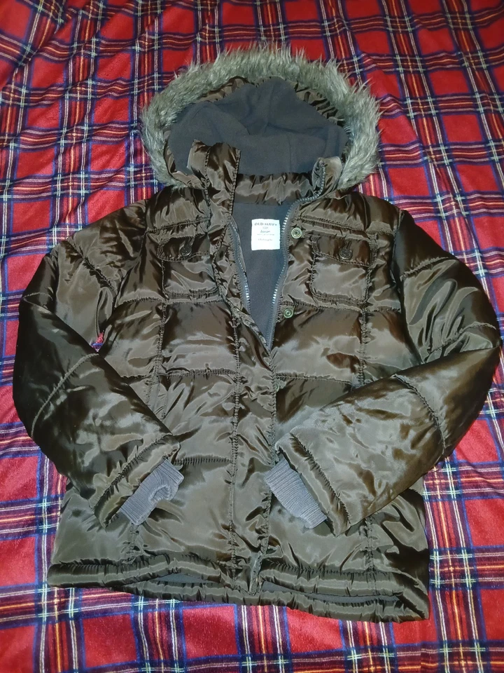 Old Navy Children's Fur-Trimmed Hooded Puffer Jacket Coat Sz Large Brown Unisex  - Image 4 of 4