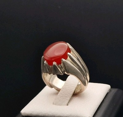 Aqeeq Yamani Red Natural Agate Silver Ring Handcrafted Jewelry For Men