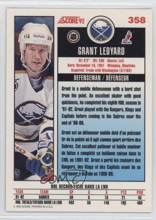 1992-93 Score Canadian Grant Ledyard #358 - Image 2 of 2