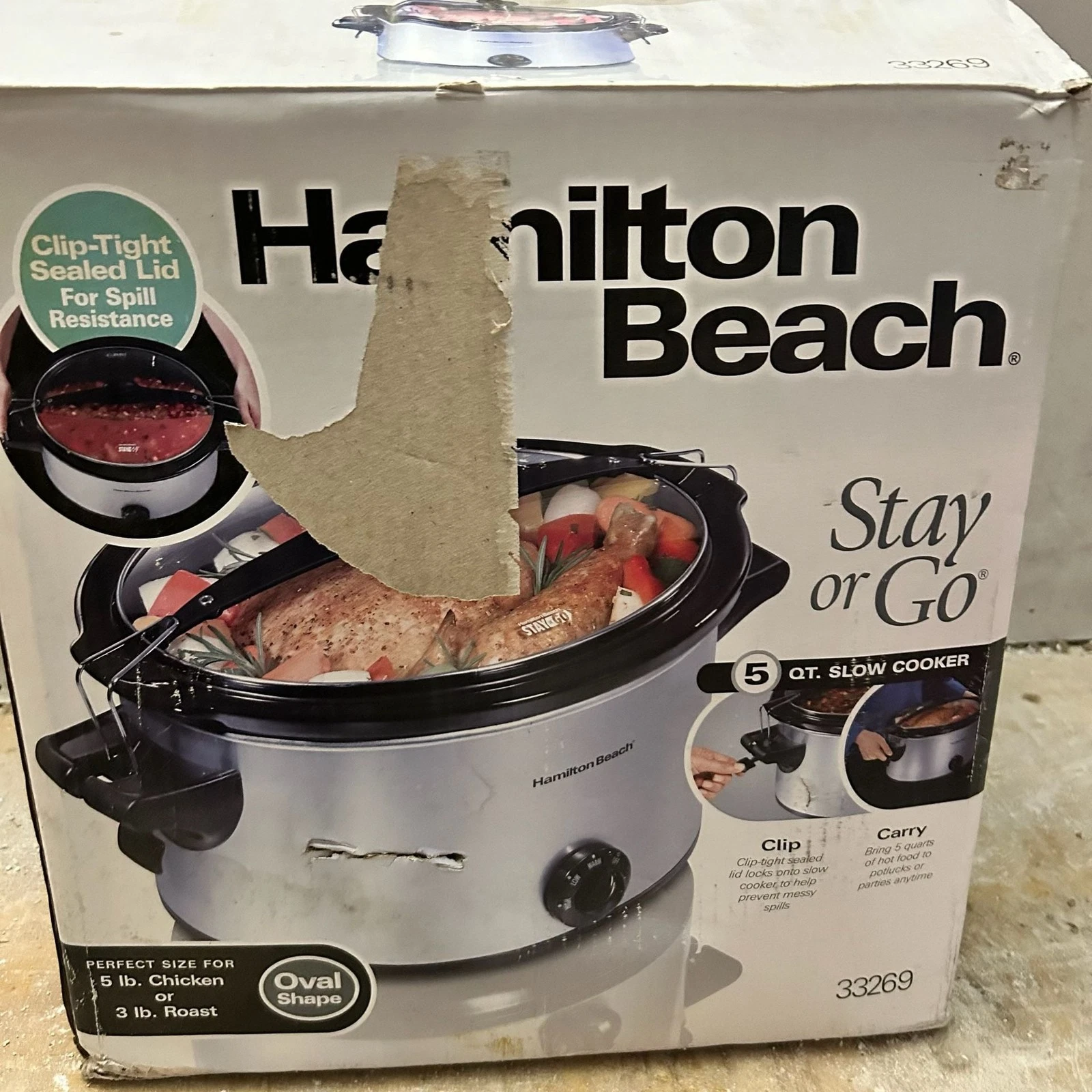 Hamilton Beach Stay or Go 5-Quart Slow Cooker Clip-Tight Sealed Lid Model 33269