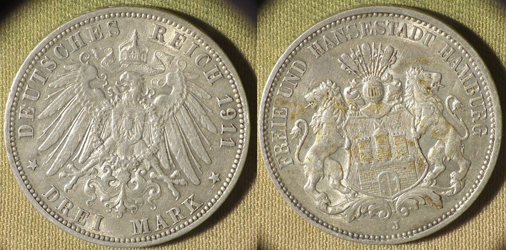 Germany States : Hamburg 1911J 3 Marks XF/AU Luster Nice # 620