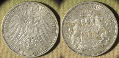 Germany States : Hamburg 1911J 3 Marks XF/AU Luster Nice # 620