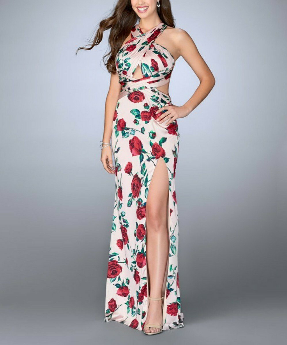 LA FEMME Satin Evening Gown, Size 8 RRP210, Pink w Red Roses Prom Maxi  Dress  | eBay UK
