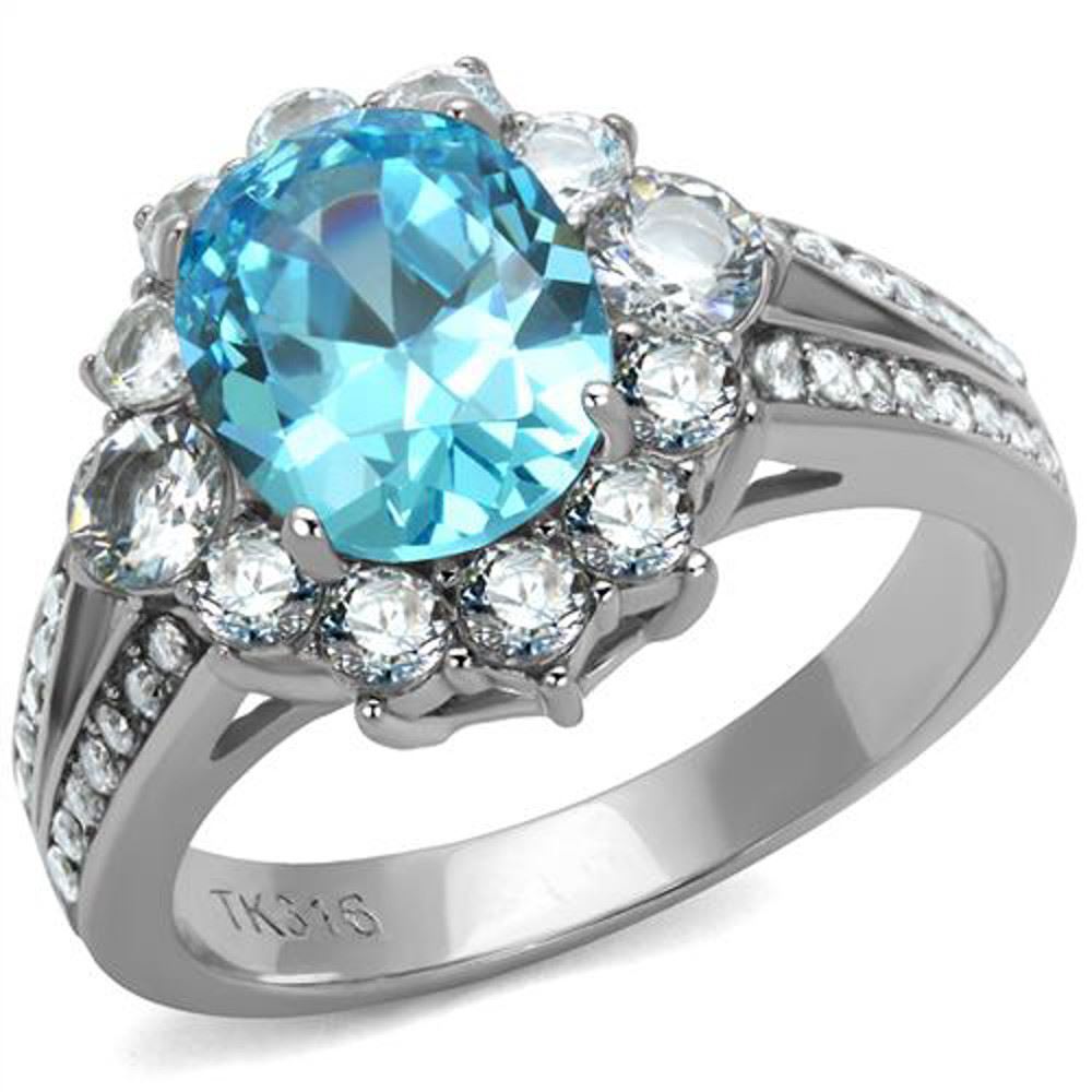 Women's Ct Oval Cut Sea Blue CZ Stainless Steel Halo